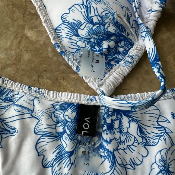 VOLAFA Triangle Bikini Set String Swimsuit Print Tie Smocked Ruched Two Sz Small - Picture 6 of 6